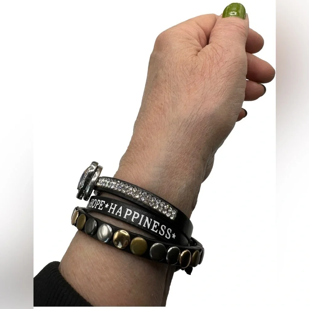Black Leather Heart Snap Criss Cross Bracelet & Multicolor 18mm Ginger Snap NWT